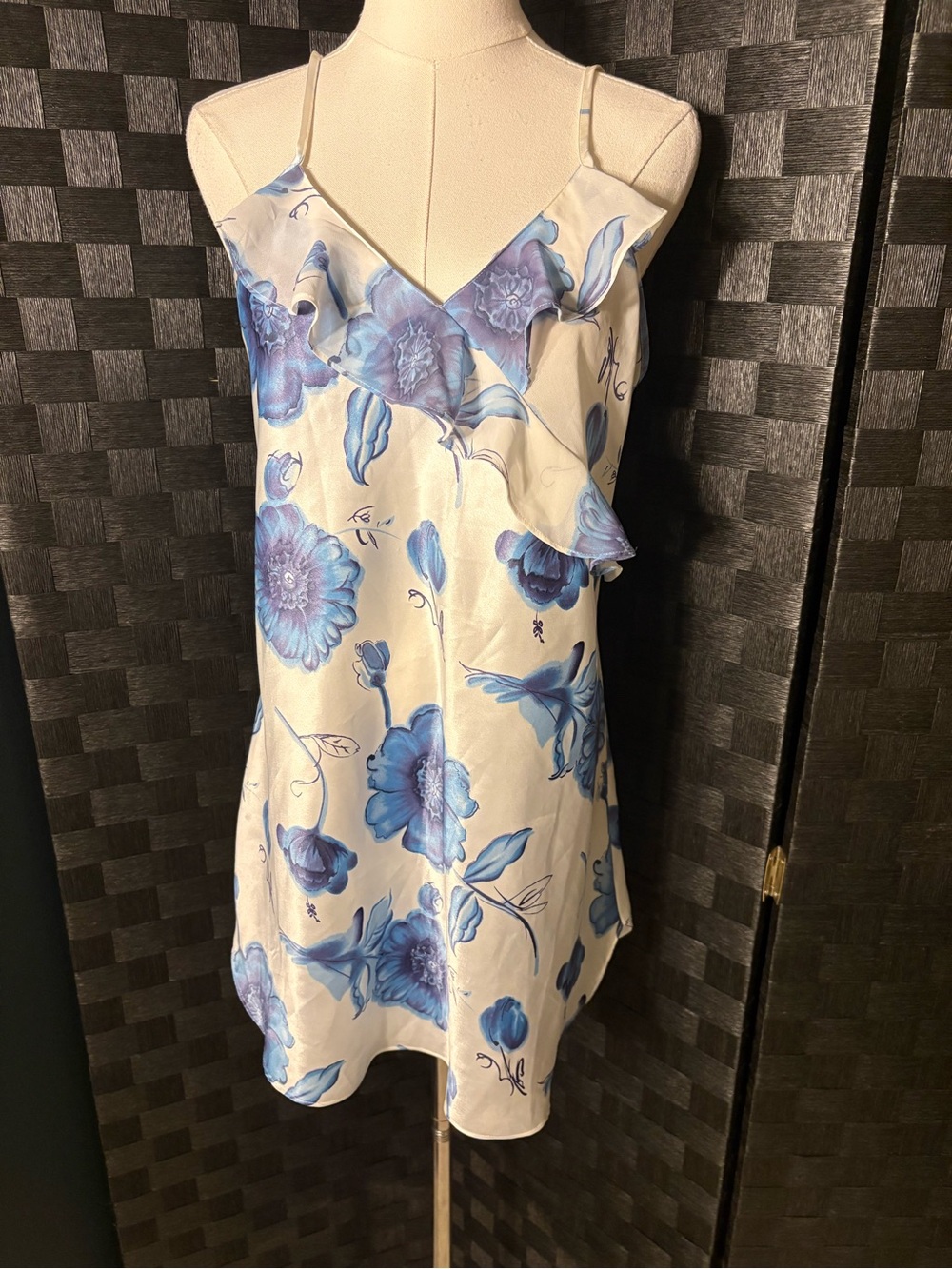 Vintage 90s Morgan Taylor Intimates Blue Floral Satin Slip Dress Nightie